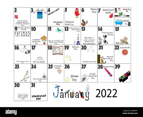 January 2022 illustrated monthly calendar of quirky holidays and ...