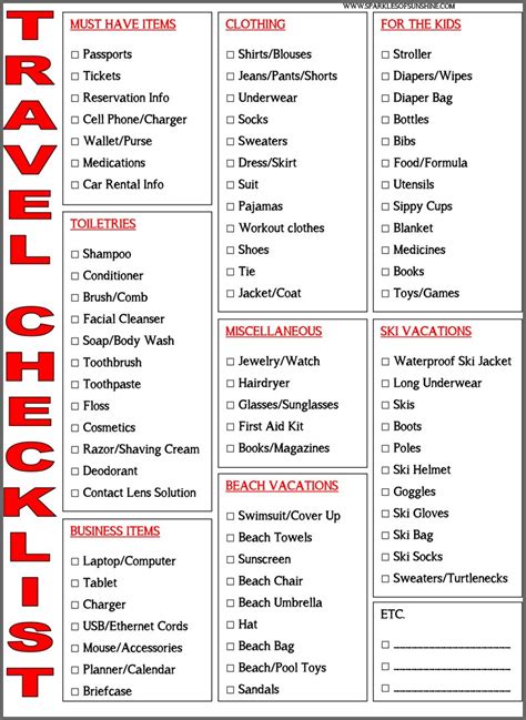 Printable Vacation Checklist