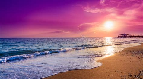 Purple Sunset on the Beach in Tropical Resort Stock Photo - Image of ...