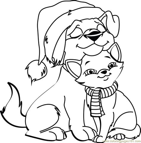 Christmas Cat and Dog Coloring Page for Kids - Free Christmas Animals ...