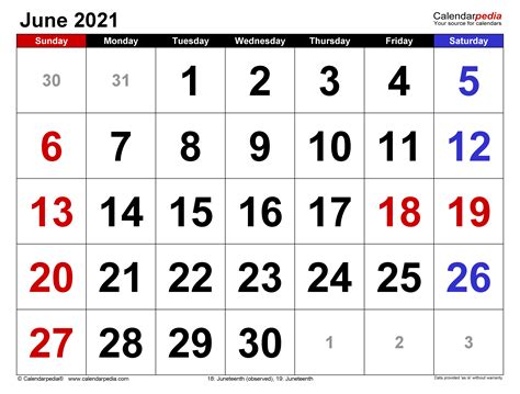 June 2021 Calendar | Templates for Word, Excel and PDF