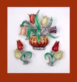 Champlevé Enamel Sterling Flowers Brooch & Earrings