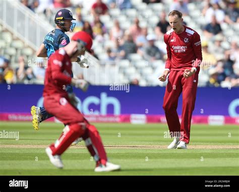 Lancashire Lightning’s Tom Hartley celebrates after taking the wicket ...