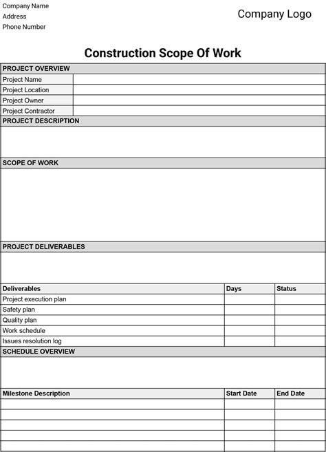 Scope Of Work Template For Construction