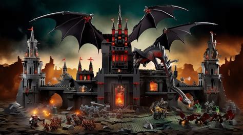 Premium AI Image | lego castle with dragon and battle scene in front of ...