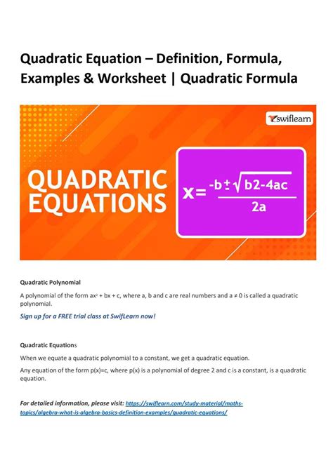 Quadratic Equation - Definition, Formula, Examples & Worksheet ...