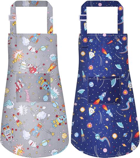 2 Pieces Kids Aprons Children Cartoon Kitchen Aprons with Pockets Cute ...