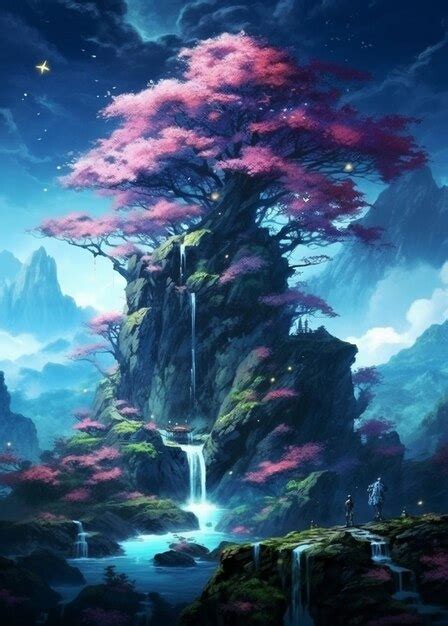 Premium AI Image | Anime landscape with waterfall and people standing ...