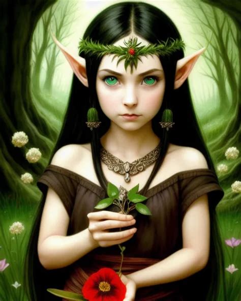 Young elven girl green eyes black on - AI Photo Generator - starryai