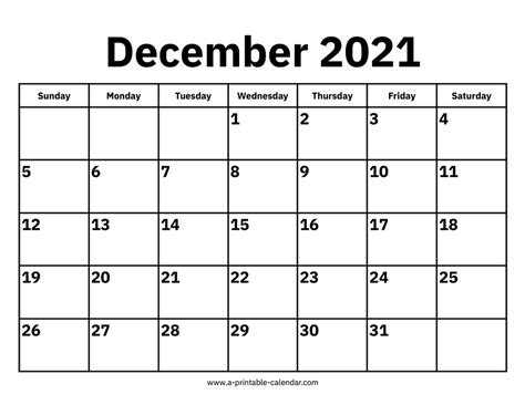 December 2021 Calendar - A Printable Calendar