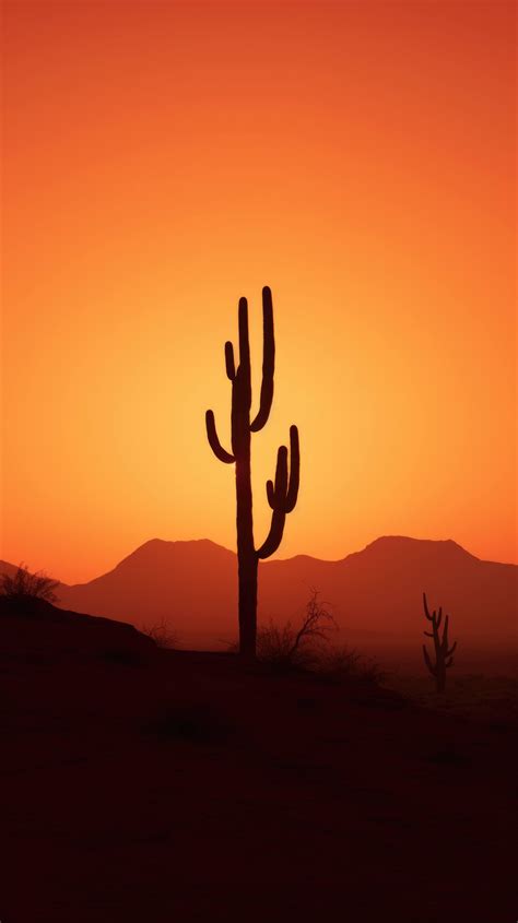 Burning sunset, desert landscape, framing a solitary cactus silhouette