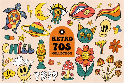 Retro 70s vibe, hippie stickers, psychedelic trippy groovy elements ...