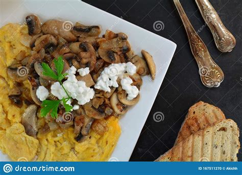 Scrambled Eggs with Mushrooms and Cottage Cheese Stock Photo - Image of ...