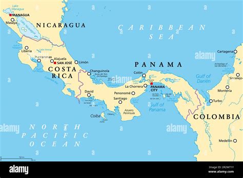 Costa Rica and Panama, political map, with Isthmus of Panama and Darien ...