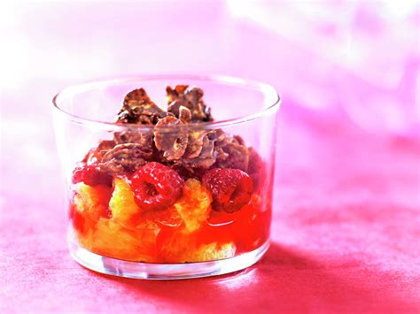 Orange And Raspberry Fruit Salad Topped With Chocolate Coated ...