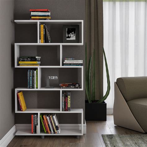 Geometric Bookcase with 10 Shelves, White Finish Contemporary Bookshelf ...