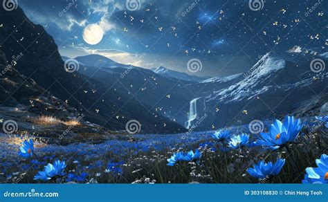 Fantasy Landscape with Blue Flowers and Mountains in the Background at ...