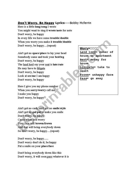 Don´t Worry, Be Happy Lyrics - ESL worksheet by millies