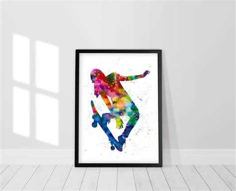 Skateboard Girl Wall Art Skateboard Watercolor Print Girls | Etsy