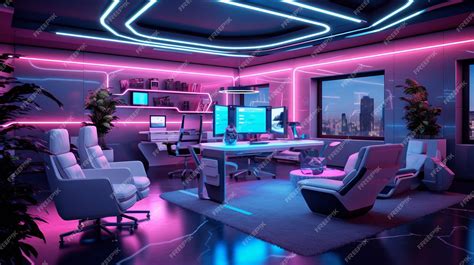 Premium AI Image | Futuristic office with neon lighting Generative AI