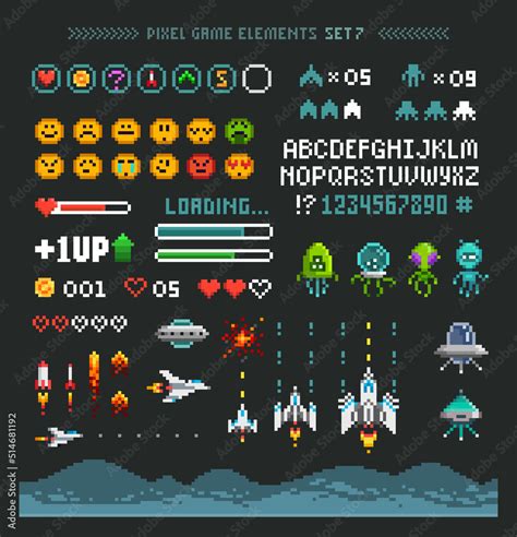 Pixel space arcade game elements with icons. Pixel Art Planets, Ufo ...