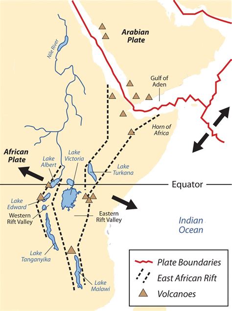 Map of Plate Boundaries in Africa and East African Rift Volcanoes