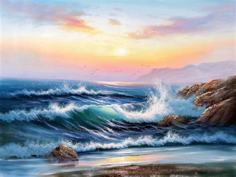 Sunrise over the Sea | Seascape paintings, Sunrise painting, Landscape ...