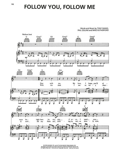 Follow You, Follow Me by Genesis Sheet Music for Piano, Vocal & Guitar ...