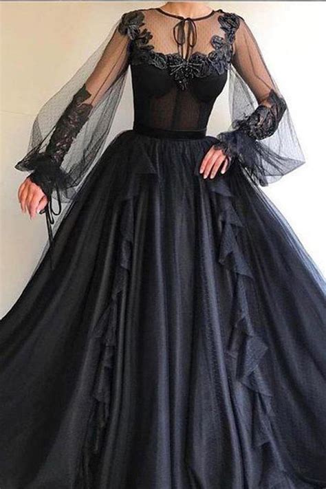 Long Sleeves Appliques Black Ball Gown Formal Prom Dresses Evening Grad ...