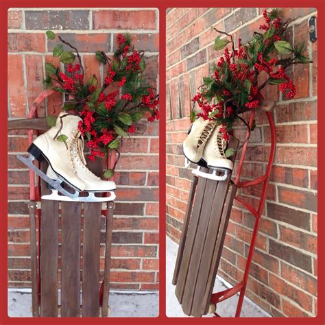 Christmas decoration using sled, skates and greenery | Christmas ...