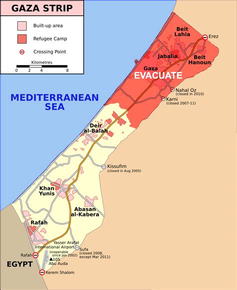 Map of the Gaza Strip showing the extent of areas currently under ...