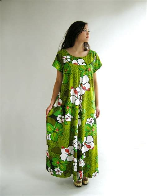 GREEN Hawaiian Maxi Dress Vintage 60s Muu Muu Caftan Hukilau M L Xl ...