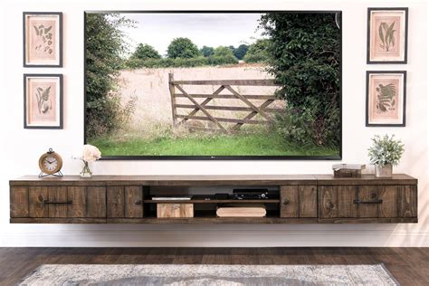 Farmhouse Rustic Wood Floating TV Stand Entertainment Center Spice ...