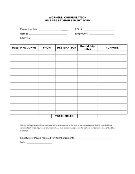 Workers' compensation mileage reimbursement form in Word and Pdf formats