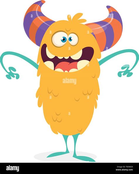 Happy cartoon monster. Halloween vector orange and horned monster ...