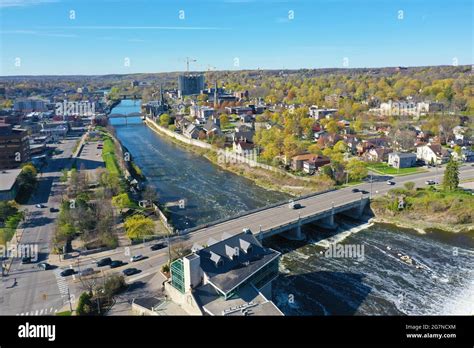 An aerial of the city of Cambridge, Ontario, Canada by the Grand River ...