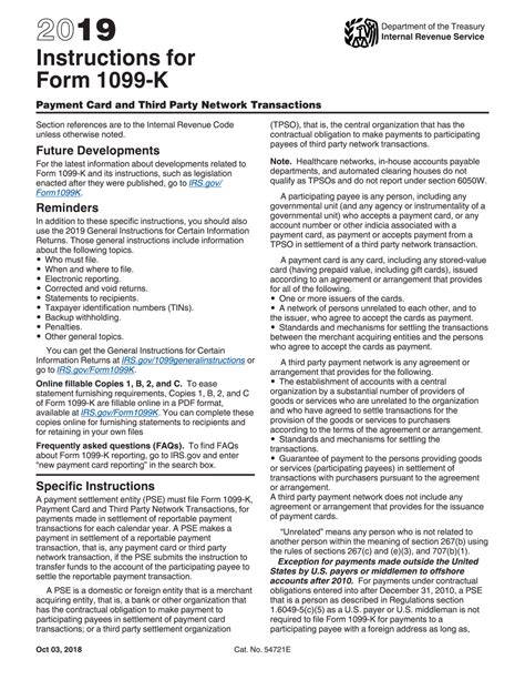 Electronic IRS Form Instructions 1099-K 2019 - 2020 - Printable PDF Sample