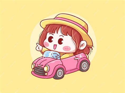 Premium Vector | Cute and kawaii Girl With Straw Hat Drive convertible ...