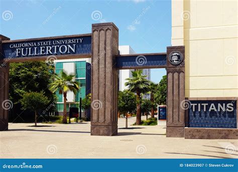 FULLERTON CALIFORNIA - 23 MAY 2020: Sign and Arch at Langsdorf Hall on ...