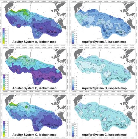 Isobath (left) and isopach (right) maps for the aquifer systems " A ...