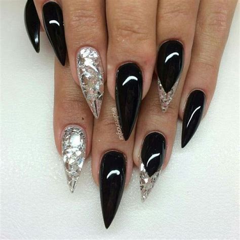 36 Stunning Black Stiletto Nail Designs in 2020 | Silver nails ...