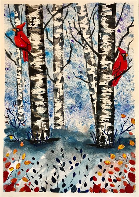 Art Room Britt: Winter Birch Trees with Cardinals - Mixed Media