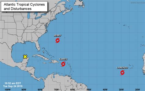 Latest track of tropical storms Jerry, Karen and Lorenzo - all swirling ...