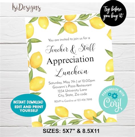 Teacher & Staff Appreciation Luncheon Invitation Editable - Etsy