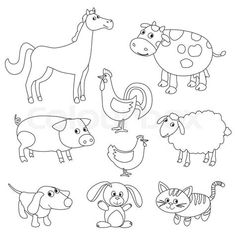 Cute cartoon farm animals and birds for coloring book. Outline ...