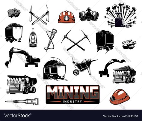 Coal mining machinery miner equipment tools Vector Image