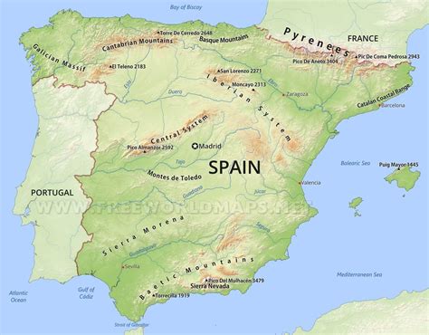 Spain mountains map - Map of Spain mountains (Southern Europe - Europe)