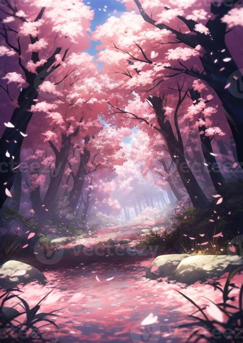 anime scenery of a path in a forest with pink flowers. generative ai ...