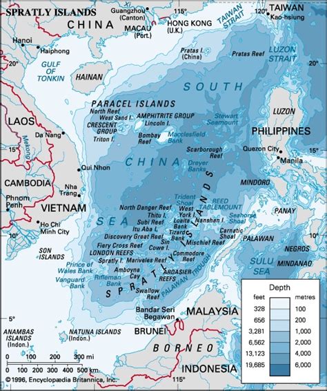 南沙群岛地图——国外出版:1996年南海等深线地图