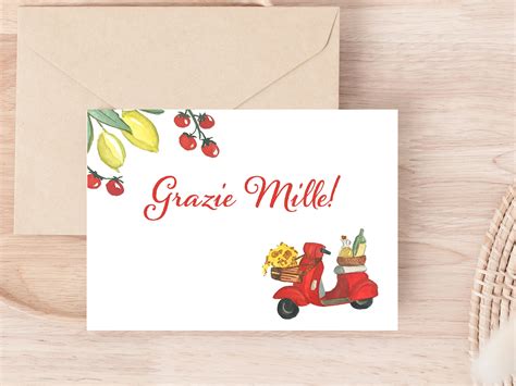 Printable Grazie Thank You Card Italian Theme Red Vespa With Lemons and ...